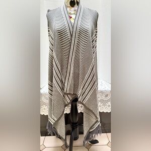 FRINGE VEST WRAP CARDIGAN KNIT SHAWL GRAY WHITE STRIPES & CHEVRON OSFM TO XL
